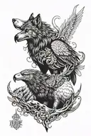wolf and eagle combination black tattoo design idea