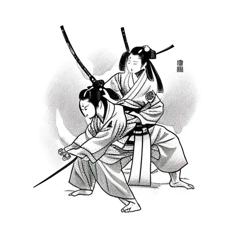 Japanese geisha performing a martial arts move with Cerberus by her side tattoo design idea