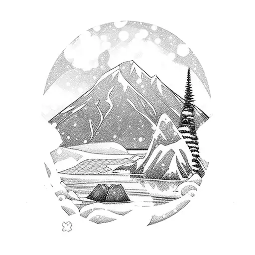 snowy mountain scene, penguin looking at a lake, initials MT written in the snow tattoo design idea