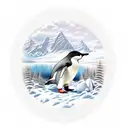 snowy mountain scene, penguin looking at a lake, initials MT written in the snow tattoo design idea