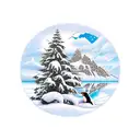 snowy mountain scene, penguin looking at a lake, initials MT written in the snow tattoo design idea