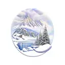 snowy mountain scene, penguin looking at a lake, initials MT written in the snow tattoo design idea