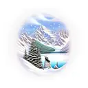 snowy mountain scene, penguin looking at a lake, initials MT written in the snow tattoo design idea