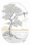 olive tree is main object and around dragonfly and sunset on background with a calm sea, and waves on one side tattoo design idea