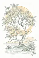 olive tree is main object and around dragonfly and sunset on background with a calm sea, and waves on one side tattoo design idea