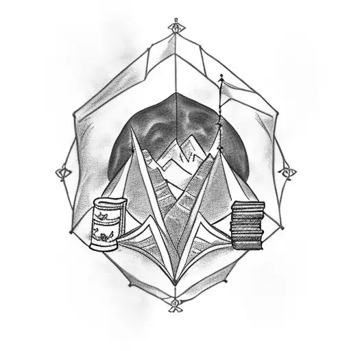 A black-grey tattoo of a traveler's backpack overflowing with books and a Tolkien quote, blending the client's passion for reading and traveling with their favorite book series tattoo design idea