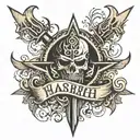 Harsh name tattoo with trishul trident tattoo design idea