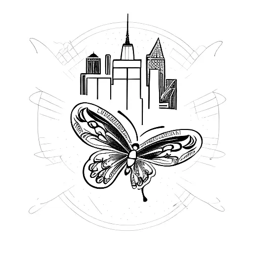 A minimalist tattoo of a butterfly with the New York City skyline inside its wings tattoo design idea