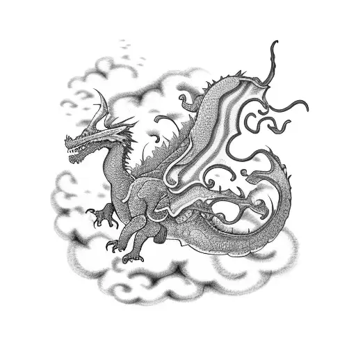 A dotwork tattoo of a majestic dragon flying over a field of ivy and foliage, with Taylor Swift lyrics forming the clouds tattoo design idea