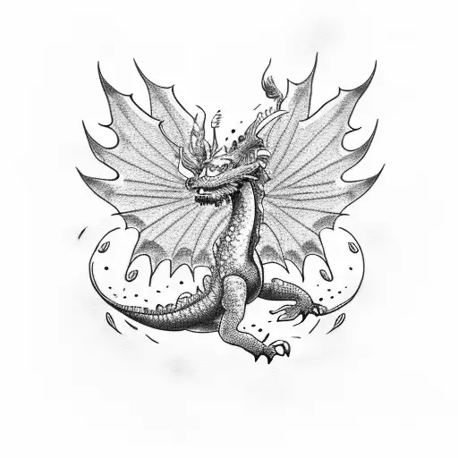 A dotwork tattoo of a majestic dragon flying over a field of ivy and foliage, with Taylor Swift lyrics forming the clouds tattoo design idea