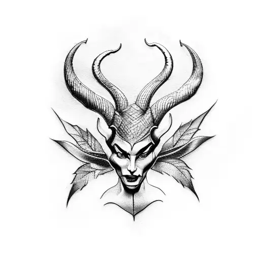 A blackwork tattoo of Maleficent's iconic horns entwined with ivy and foliage tattoo design idea