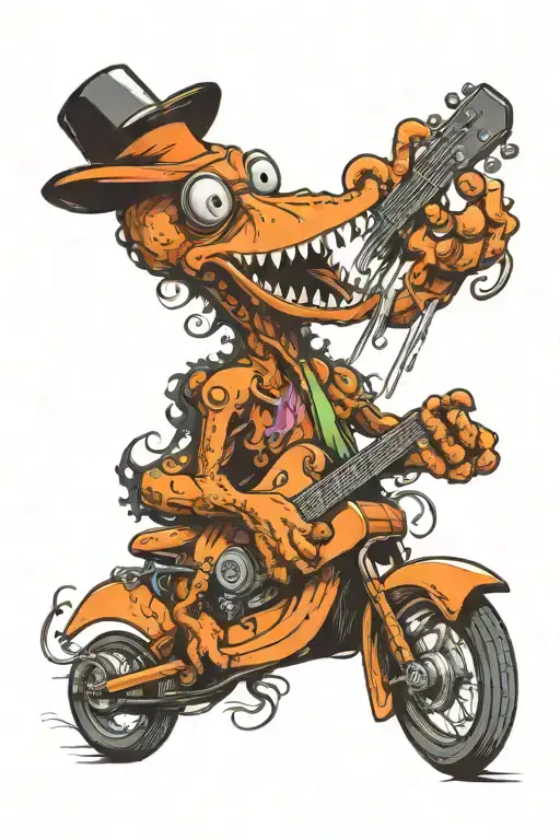 octopus playing guitar driving a hot rod car tattoo design idea
