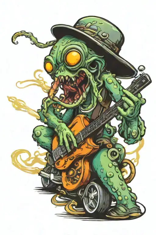 octopus playing guitar driving a hot rod car tattoo design idea