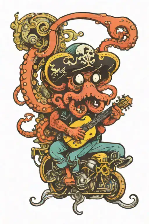 octopus driving a hotrod wearing a pirate hat and playing guitar tattoo design idea