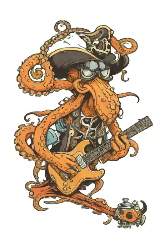 octopus driving a hotrod wearing a pirate hat and playing guitar tattoo design idea