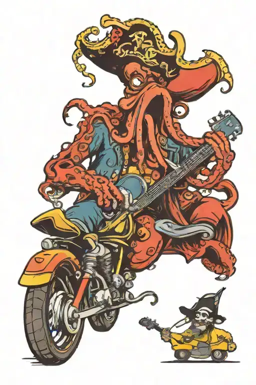 octopus driving a hotrod wearing a pirate hat and playing guitar tattoo design idea