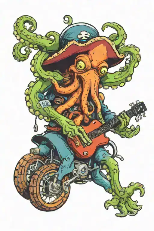 octopus driving a hotrod wearing a pirate hat and playing guitar tattoo design idea