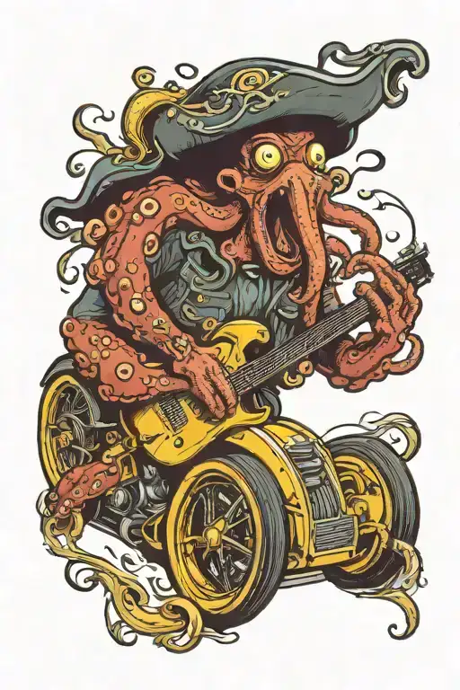 octopus driving a hotrod wearing a pirate hat and playing guitar tattoo design idea