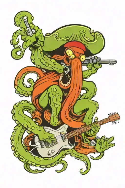 octopus driving a hotrod wearing a pirate hat and playing guitar tattoo design idea