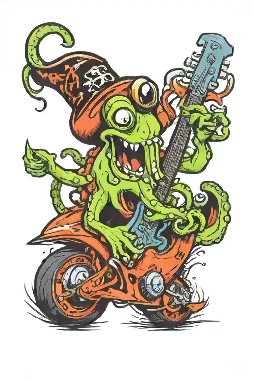 octopus driving a hotrod wearing a pirate hat and playing guitar tattoo design idea