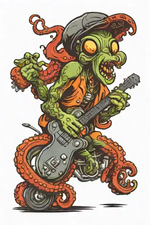octopus playing guitar driving a hot rod car tattoo design idea