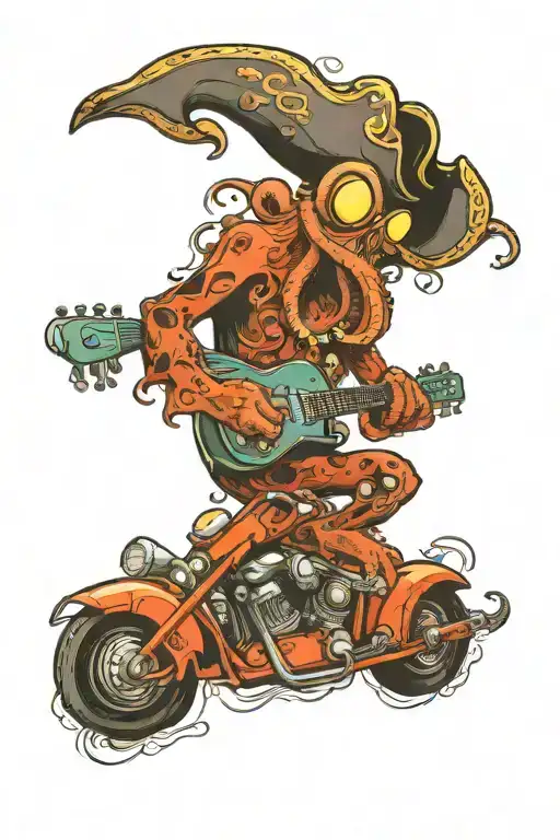 octopus driving a hotrod wearing a pirate hat and playing guitar tattoo design idea