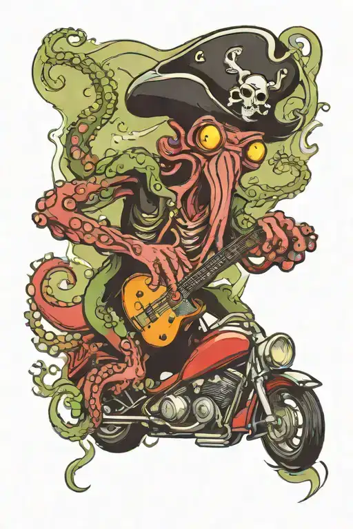 octopus driving a hotrod wearing a pirate hat and playing guitar tattoo design idea