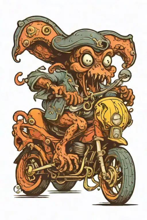 octopus driving a hotrod car wearing a pirate hat and playing guitar tattoo design idea