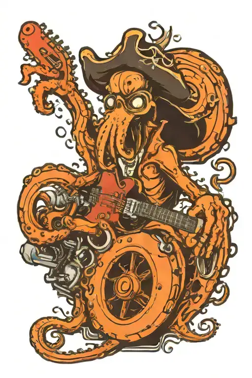 octopus driving a hotrod wearing a pirate hat and playing guitar tattoo design idea