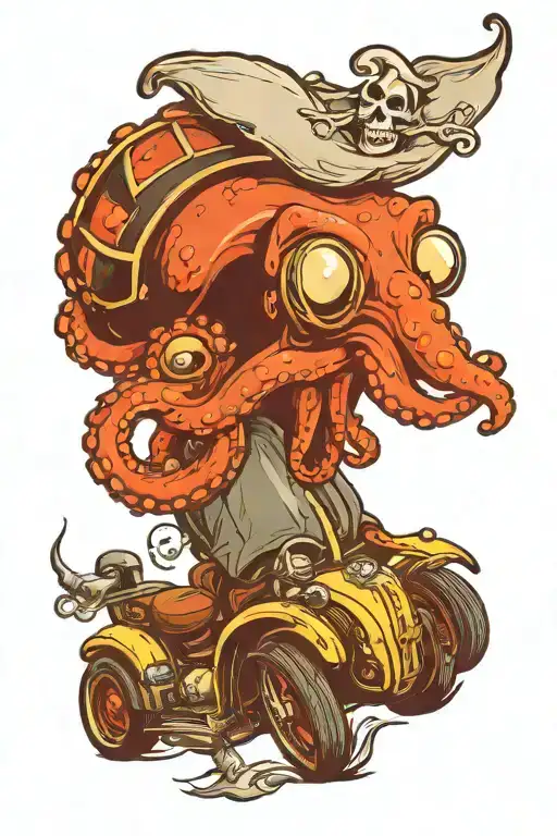 octopus driving a hotrod wearing a pirate hat tattoo design idea