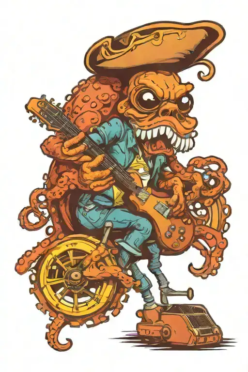 octopus driving a hotrod wearing a pirate hat and playing guitar tattoo design idea