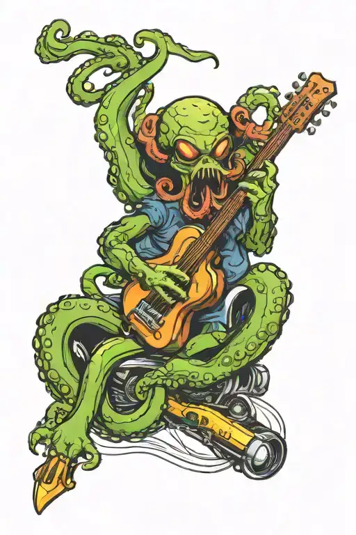 octopus playing guitar driving a hot rod car tattoo design idea