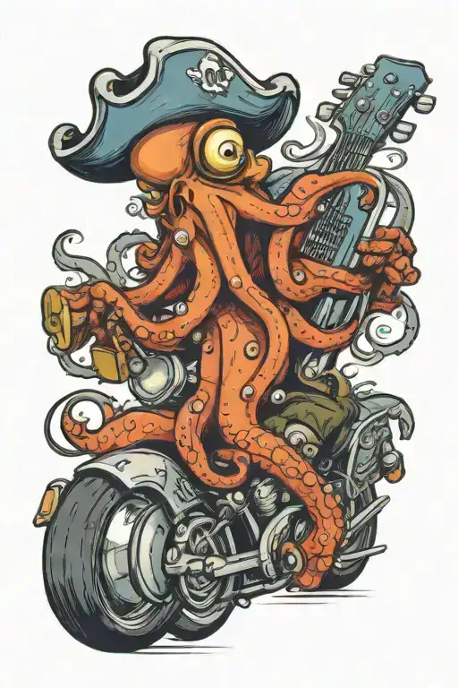 octopus driving a hotrod wearing a pirate hat and playing guitar tattoo design idea