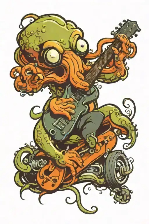 octopus playing guitar driving a hot rod car tattoo design idea