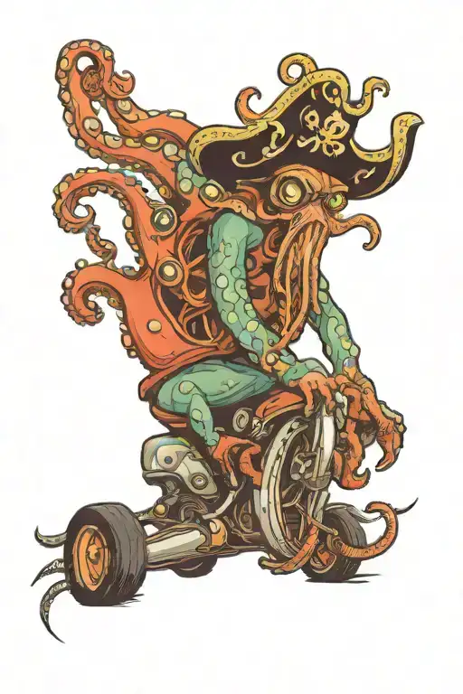 octopus driving a hotrod wearing a pirate hat tattoo design idea
