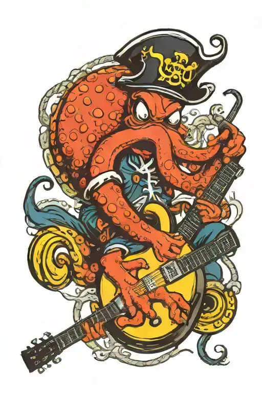 octopus driving a hotrod wearing a pirate hat and playing guitar tattoo design idea