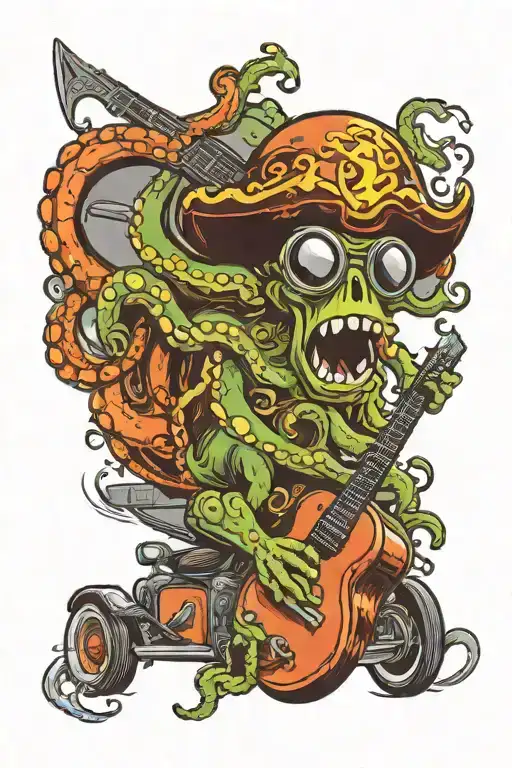 octopus driving a hotrod car wearing a pirate hat and playing guitar tattoo design idea