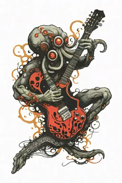 octopus playing guitar driving a hot rod car tattoo design idea