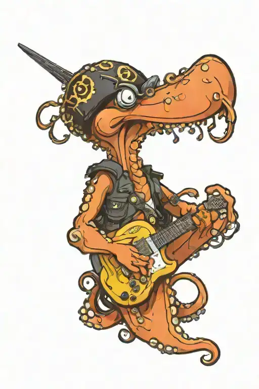 octopus driving a dodge charger wearing a pirate hat and playing guitar tattoo design idea