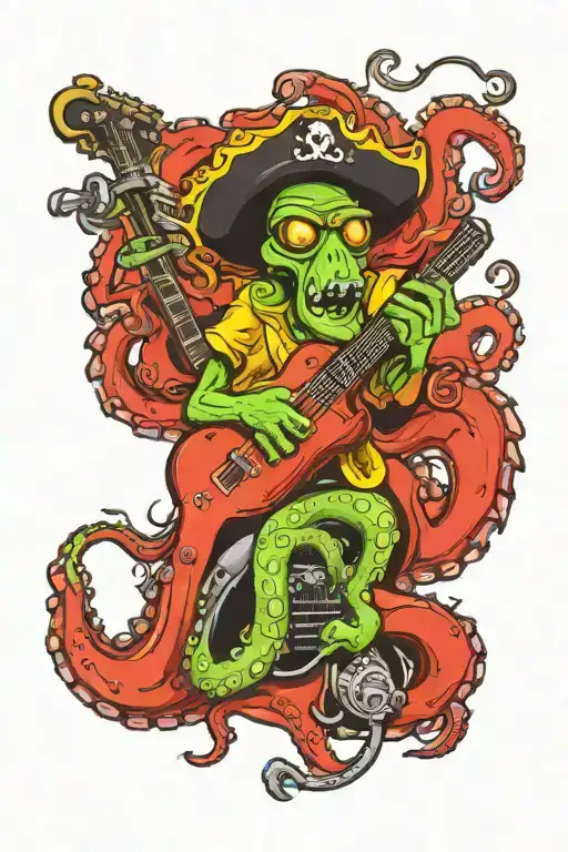 octopus driving a hotrod wearing a pirate hat and playing guitar tattoo design idea