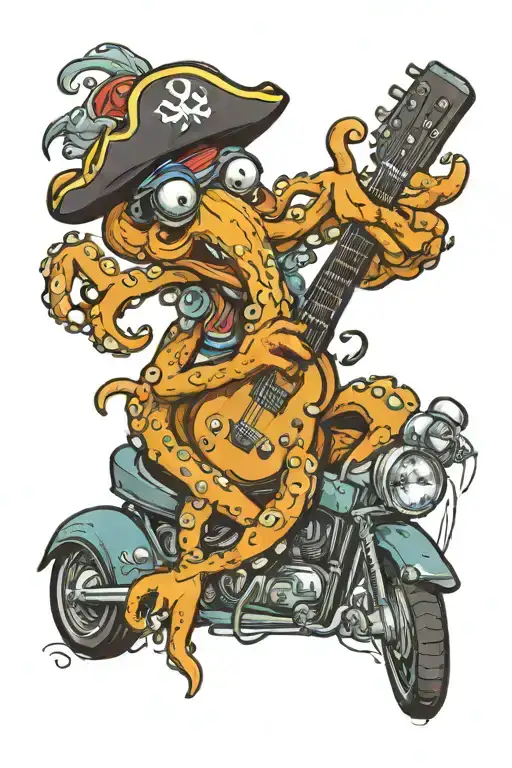 octopus driving a hotrod car wearing a pirate hat and playing guitar tattoo design idea
