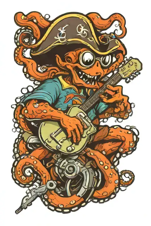 octopus driving a hotrod wearing a pirate hat and playing guitar tattoo design idea
