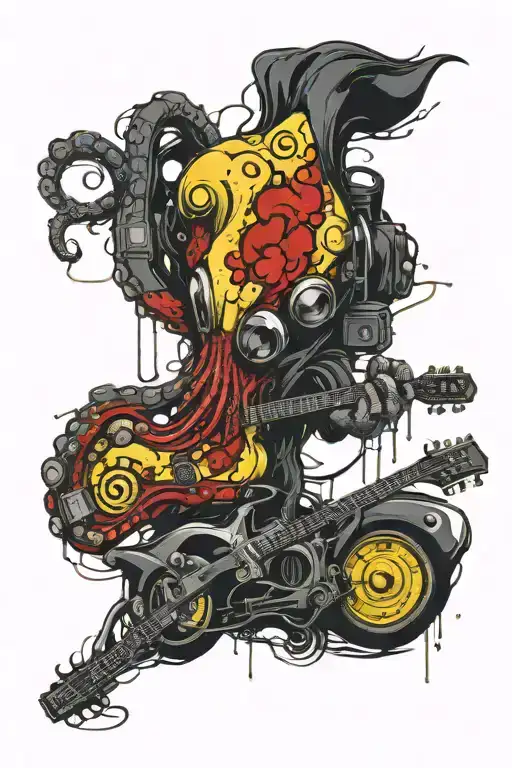 octopus playing guitar driving a hot rod car tattoo design idea