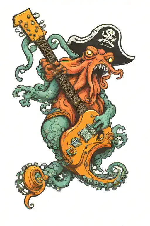 octopus driving a hotrod wearing a pirate hat and playing guitar tattoo design idea