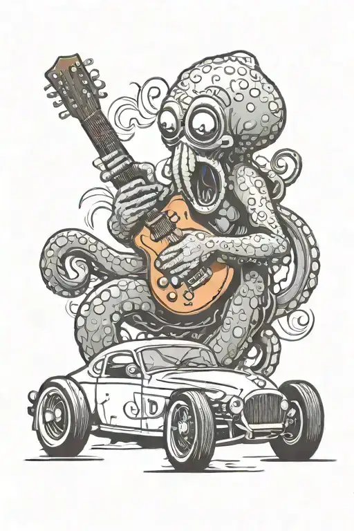 octopus playing guitar driving a hot rod car tattoo design idea