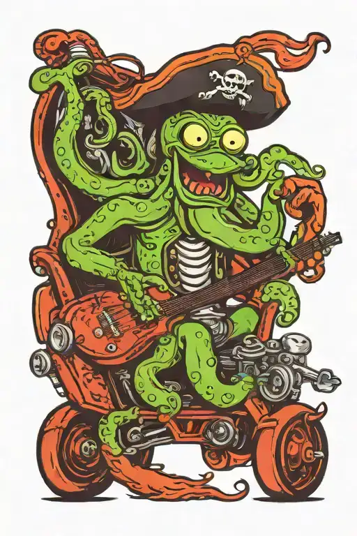 octopus driving a hotrod car wearing a pirate hat and playing guitar tattoo design idea
