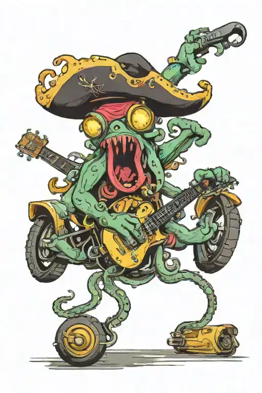 octopus driving a hotrod wearing a pirate hat and playing guitar tattoo design idea