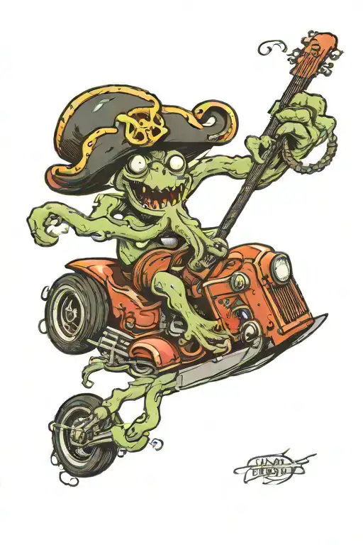 octopus driving a hotrod wearing a pirate hat and playing guitar tattoo design idea