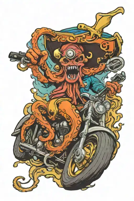 octopus driving a hotrod wearing a pirate hat and playing guitar tattoo design idea