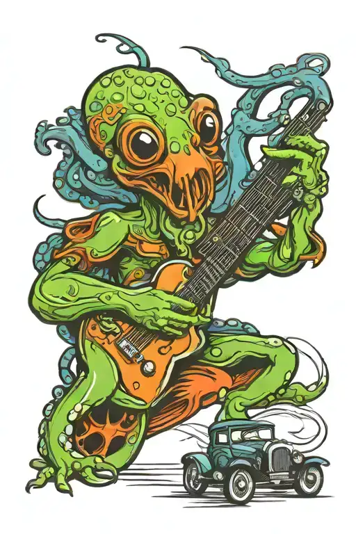 octopus playing guitar driving a hot rod car tattoo design idea